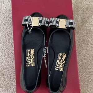 Salvatore Ferragamo Black Flats with Checkered Bow